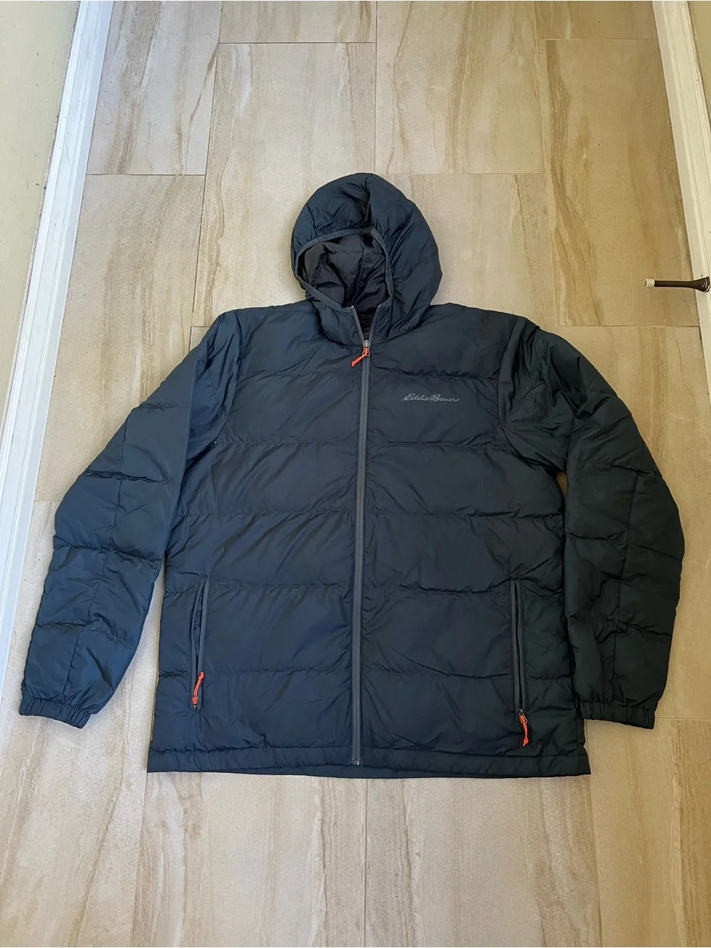 Eddie Bauer Men's Hooded Down Puffer Jacket - Dark Charcoal Blue